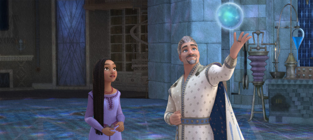 Auf dem animierten Bild ist Asha neben König Magnificio zu sehen. Über ihm schwebt eine kleine Leuchtkugel.