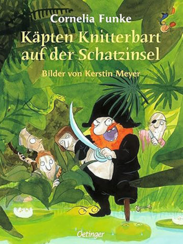 Abfotografiertes Buch: Käpt´n Knitterbart auf der Schatzinsel von Cornelia Funke und Kerstin Meyer. Auf dem Titelbild ist ein Pirat mit Säbel und orangenem Bart.