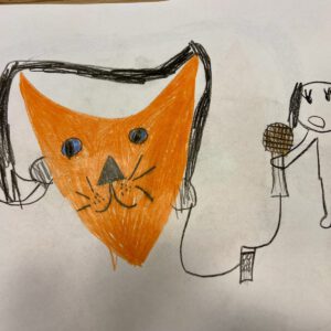 Selbstgemaltes Bild mit einem Kind mit Mikrofon und einem orangenem Fuchskopf, der Kopfhörer trägt.