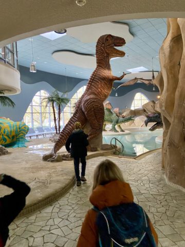 Blick auf das Kinderbecken mit großem Dino in der Mitte
